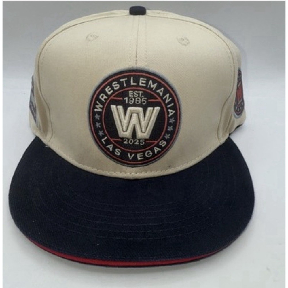 WrestleMania Las Vegas 2025 Old School Logo 41 Retro Cream Navy Snapback WWE Hat